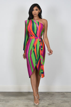 Color Splash | Multicolor One Arm Belted Midi Dress