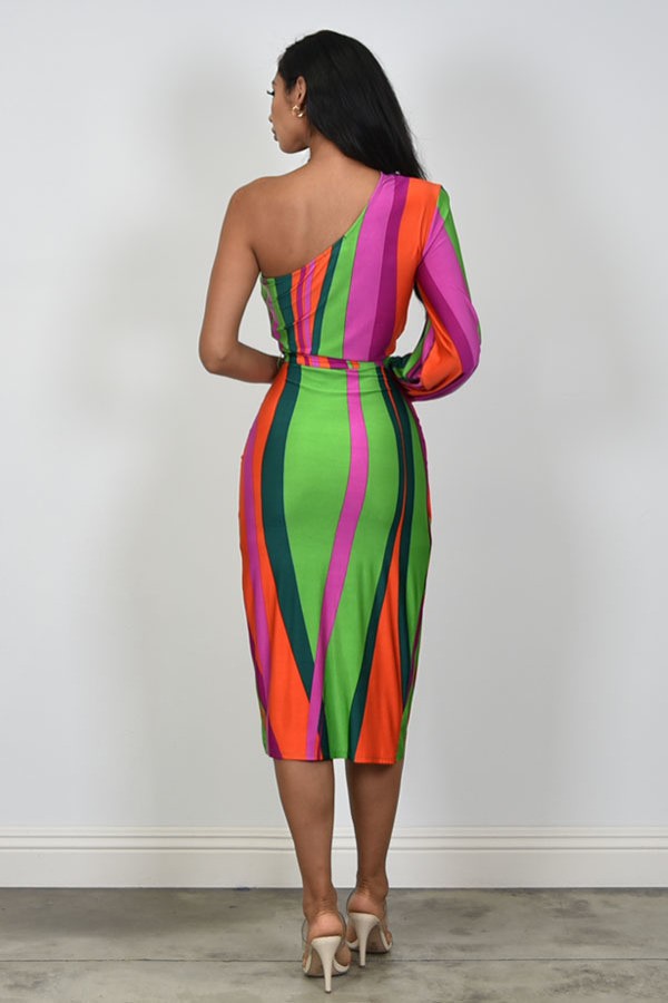 Color Splash | Multicolor One Arm Belted Midi Dress