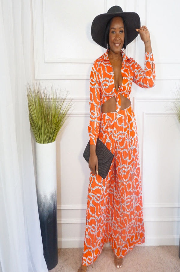 Chained Patterned Orange Pleated Pants Set