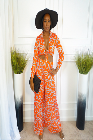 Chained Patterned Orange Pleated Pants Set