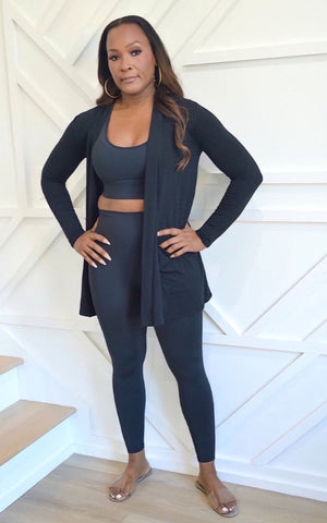 Women's Black Athletic Racerback Tank Top & High Waisted Full Length Leggings with Slouchy Pouch Open Cardigan