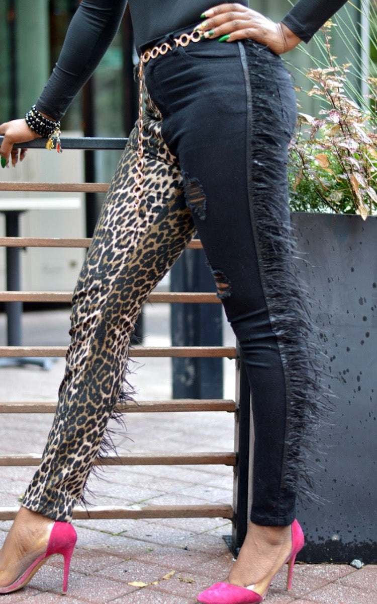 Distressed Black and Cheetah Animal Print Jeans with Feathered Seams